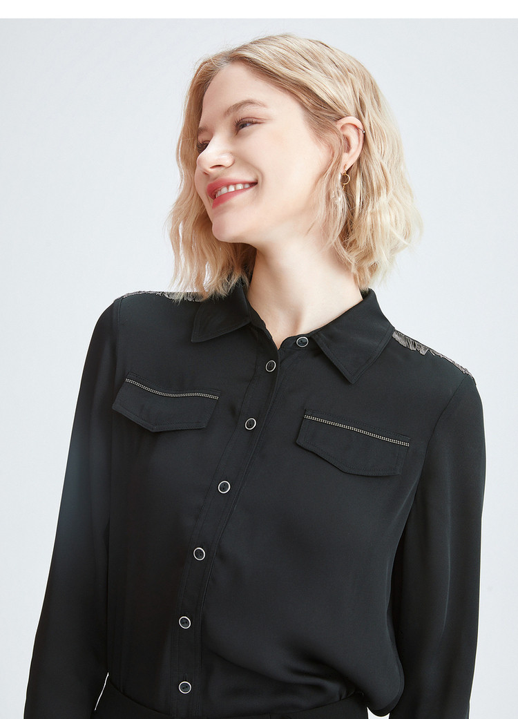 玖姿juzui annakro系列时尚简约气质翻领衬衫女 素黑 m