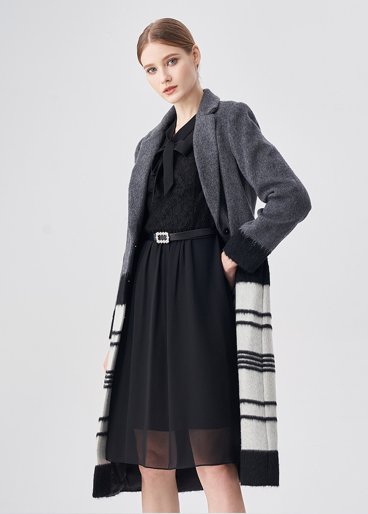 马天奴myteno 简约优雅时尚通勤黑白条纹羊毛长外套毛呢大衣 黑色 l