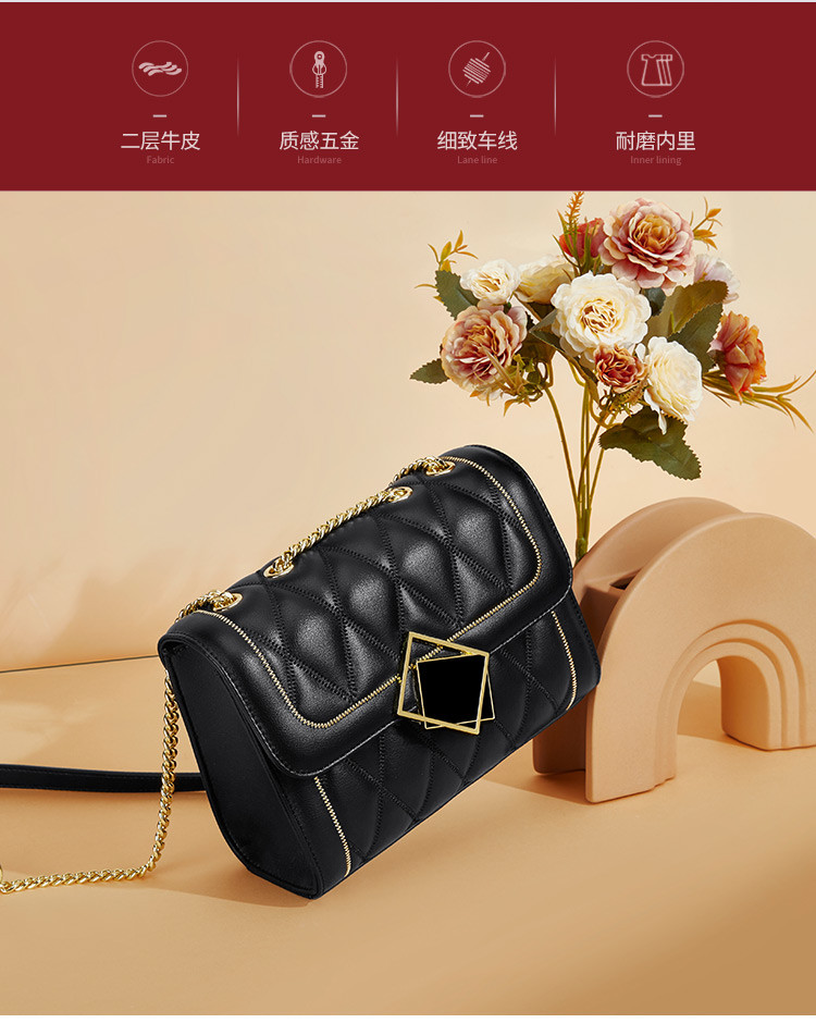 皓顿hautton搭扣链条菱格包包女款单肩包斜挎包女包酒红色均码