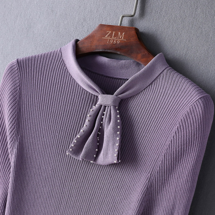 紫澜门zlm 【手工钉珠中袖扎结领】21春夏新款坑条针织修身女式针织衫