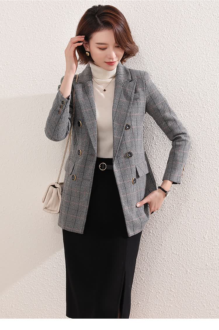春季新款西服百搭经典翻领长袖纽扣复古格纹小西装外套女 深咖 l