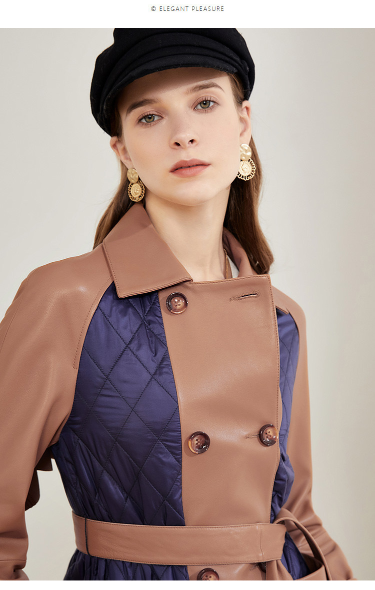 雪豹 双排扣个性撞色绵羊皮真皮皮衣女棉皮衣长款 棕色 40