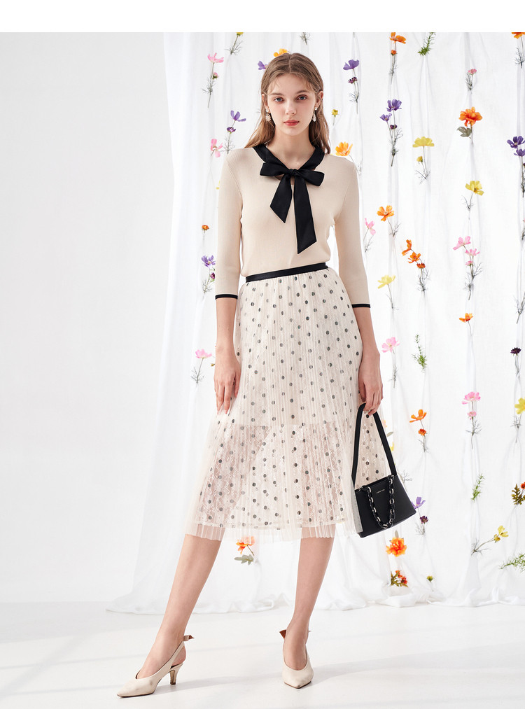 佳人苑jry 2021【春装新款】淑女风百搭撞色针织上衣 波点百褶裙套装