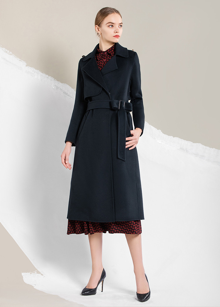 马天奴myteno 休闲商务通勤纯色长袖中长款收腰翻领h型女式大衣毛呢