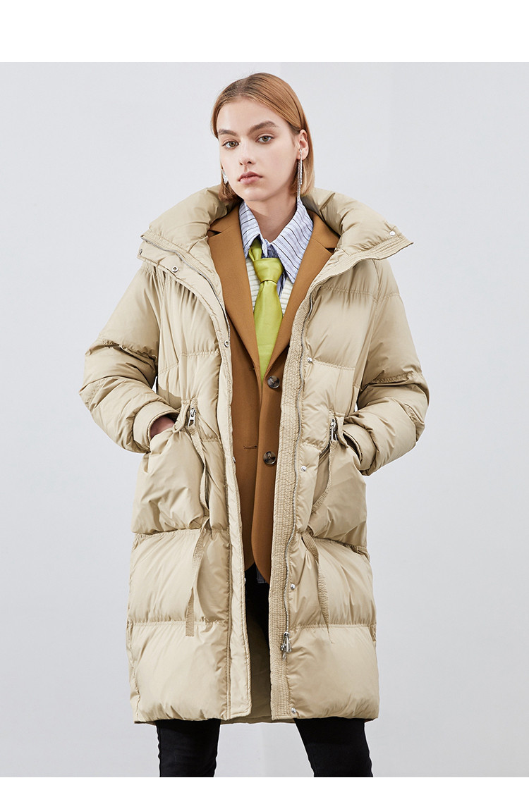 elle 2020冬季新款绗线防跑绒大口袋高领中长款羽绒服女 卡其色 m
