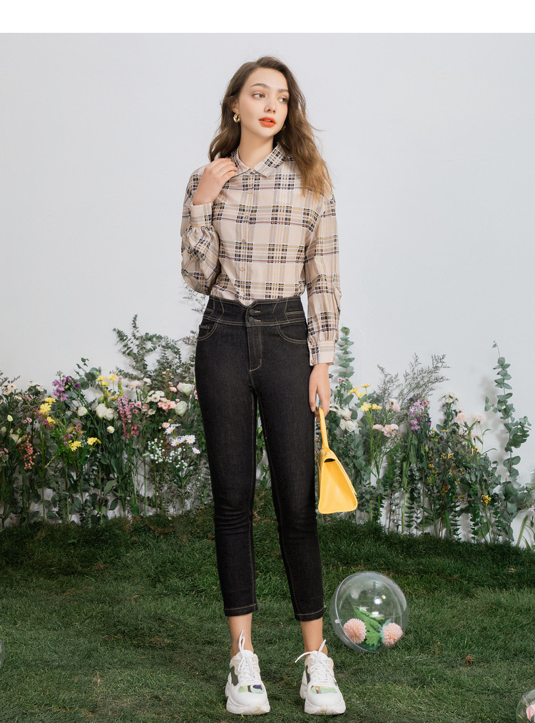 佳人苑jry 2021【春装新品】韩版时尚翻领格纹落肩长袖衬衫女 文艺格