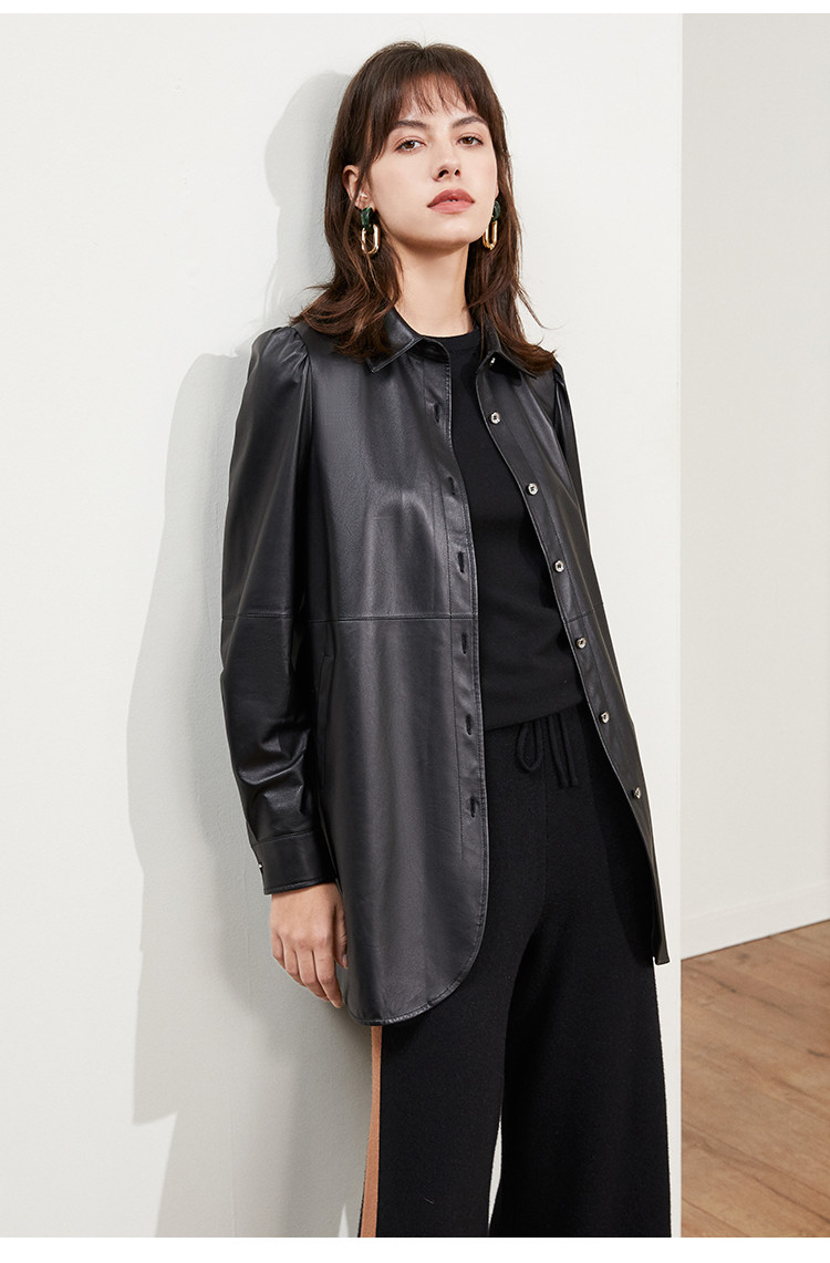 雪豹 气质系带收腰中长款轻薄真皮皮衣女士外套 灰色 40