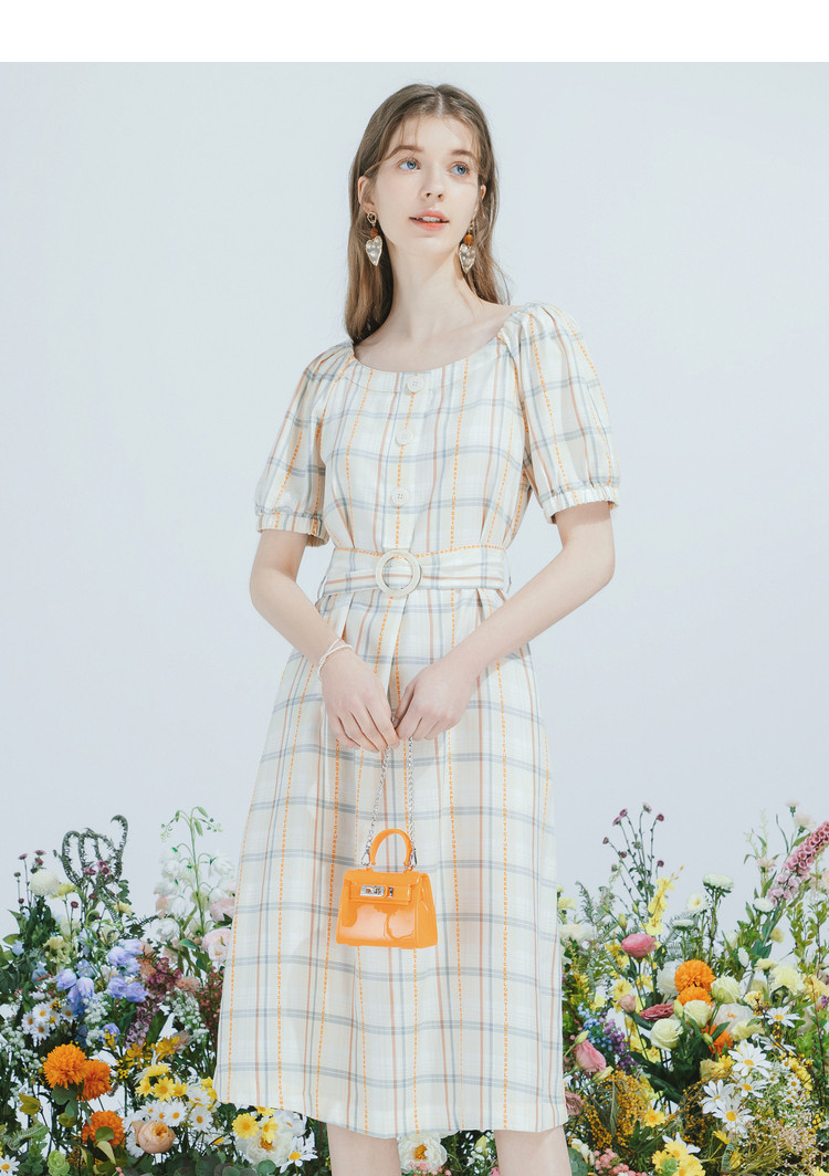 佳人苑jry 字母刺绣格纹【2021夏装新款】法式复古收腰显瘦单排扣