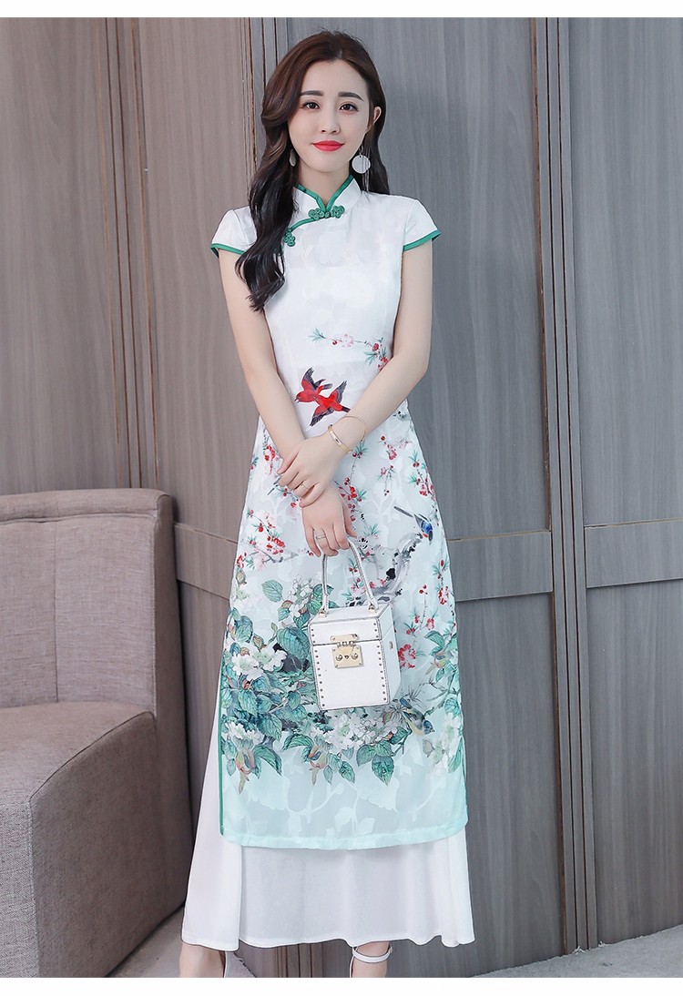 妃言旗袍女2019夏装新款女改良雪纺印花中长款短袖时尚旗袍连衣裙