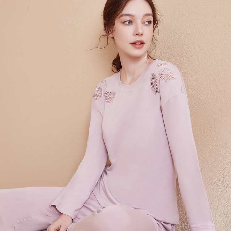 欧迪芬ordifen 秋冬刺绣性感女士家居服休闲柔软厚款保暖睡衣女 牙