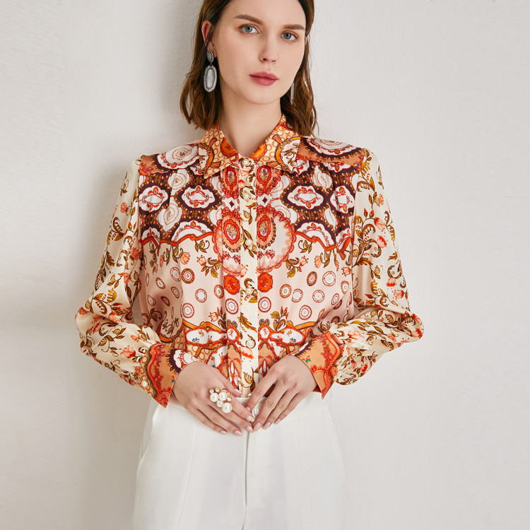 帛薇儿pokwai 2021春夏新款桑蚕丝法式宫廷卷草纹花时尚优雅真丝衬衫