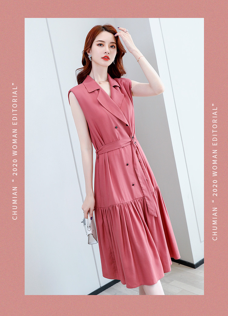【翻领收腰简约无袖连衣裙女】21夏季新款气质休闲修身长裙女 褐粉色