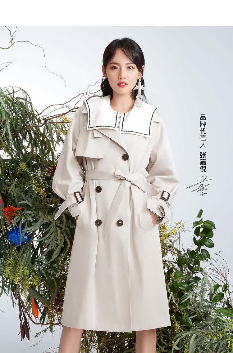 红袖hopeshow 【张嘉倪同款】2021春季新款女装三防面料系带翻领长