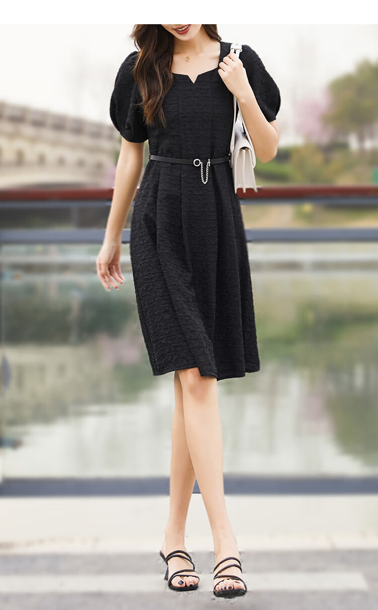 逸阳esey22年夏季薄款韩版收腰显瘦薄款方领中长款通勤连衣裙女夏白色