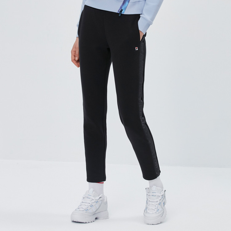 斐乐fila 女裤拼接条纹刺绣百搭女式运动裤针织裤子女运动裤女 正黑色