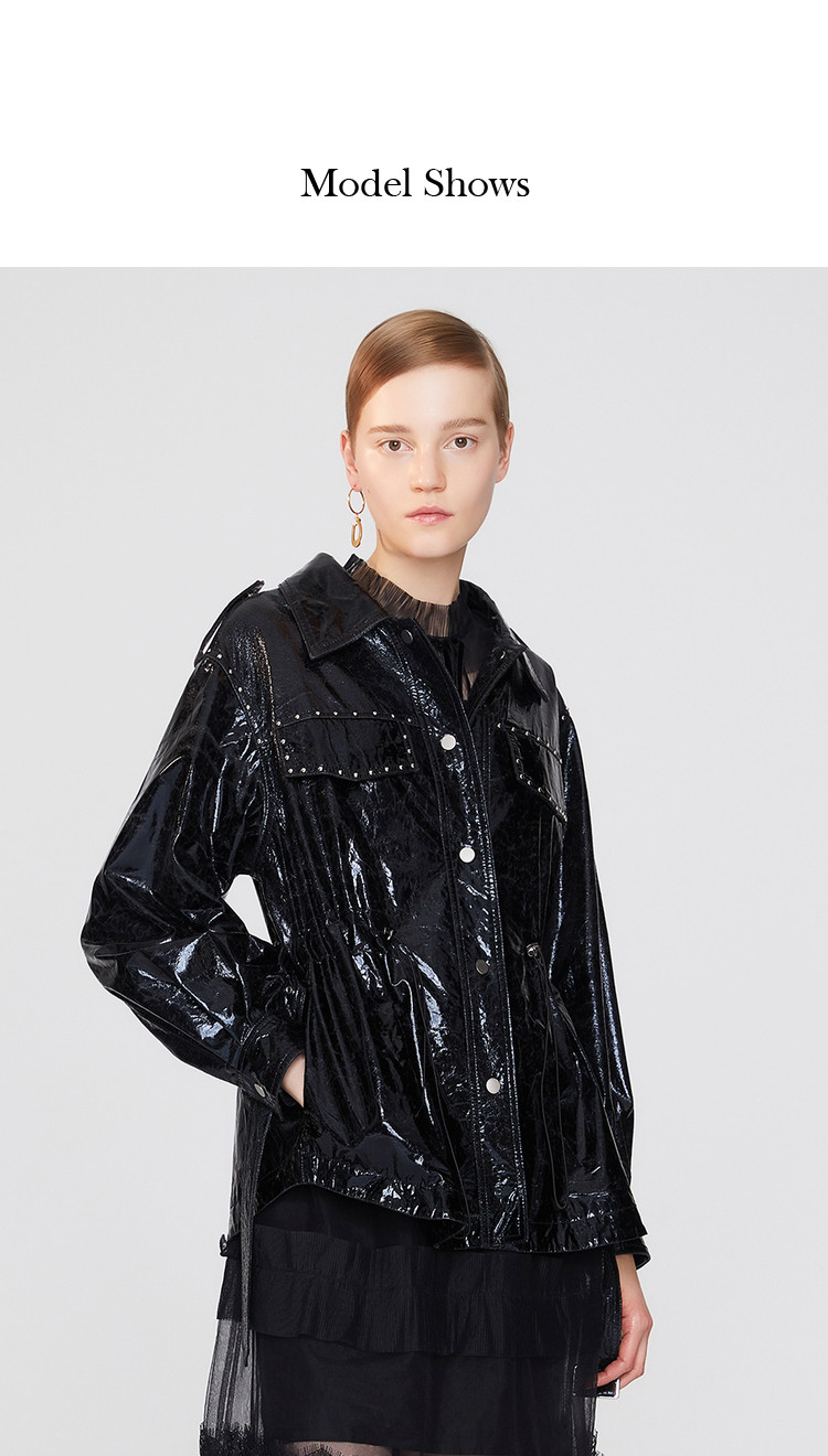 红袖hopeshow hopeshow春秋新款*亮面复古皮衣外套夹克/风衣 黑 s