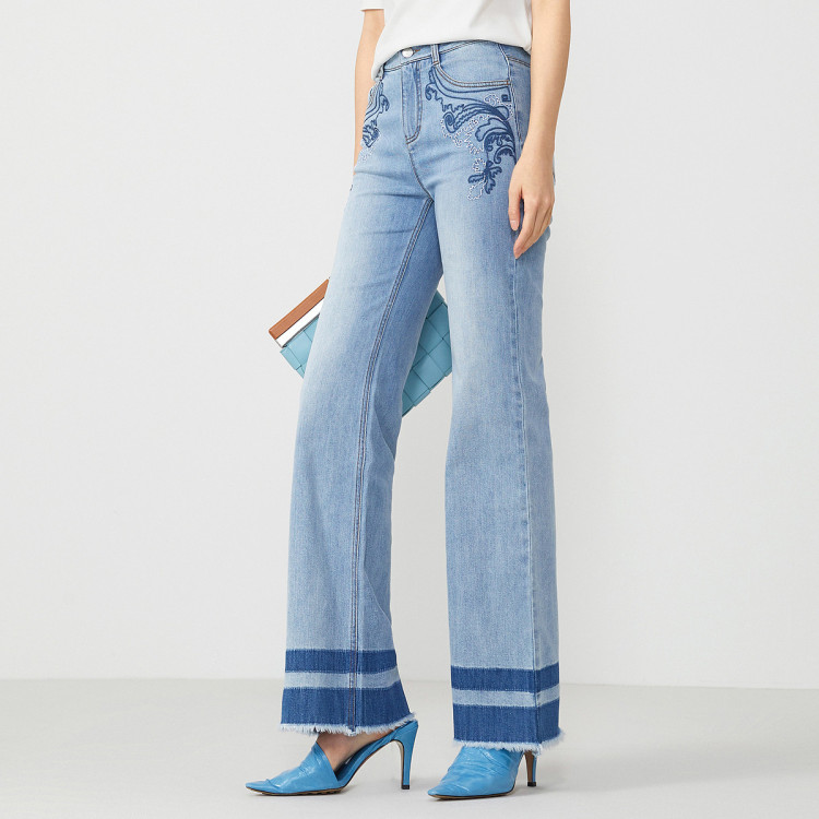 音儿yiner 女装2021春季新款时尚绣花裤脚毛边阔腿牛仔裤 浅蓝 m