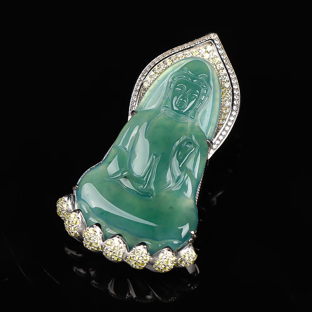 er22863 天然翡翠a货蓝水925银豪华镶嵌观音