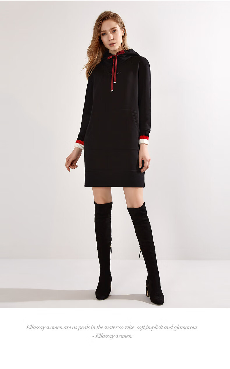 ellassay歌力思2021秋冬新款棉质休闲卫衣裙子连帽连衣裙女经典黑m
