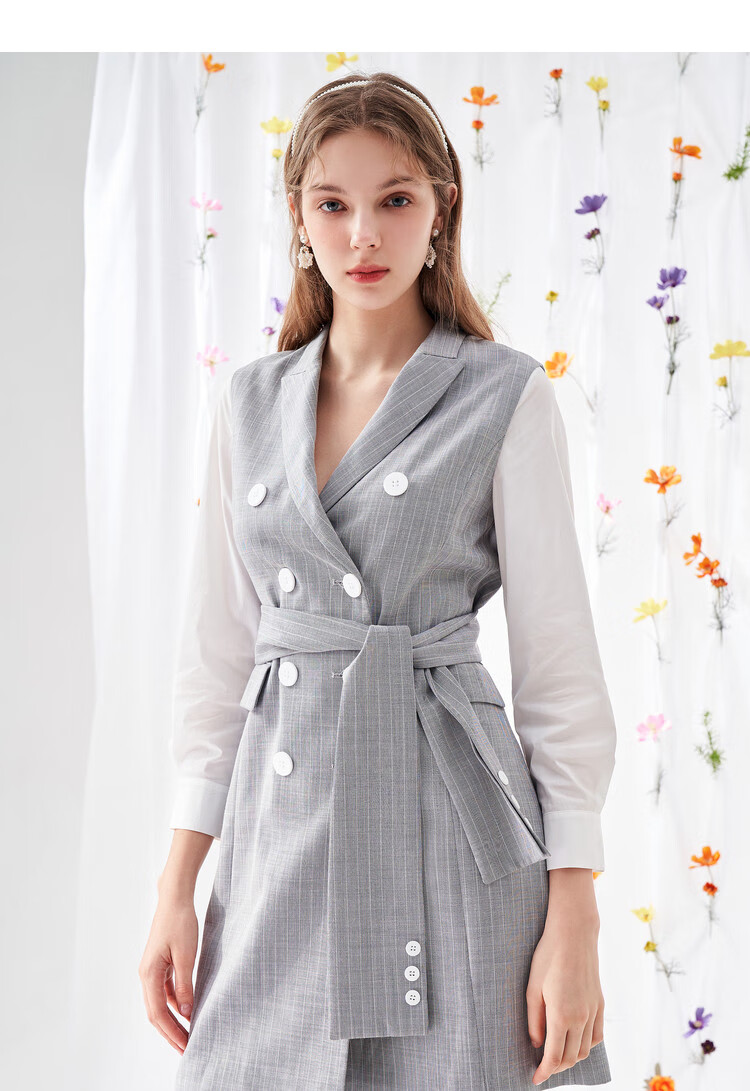 佳人苑jry 2021【春装新款】优雅通勤风双排扣假两件拼接连衣裙 冷