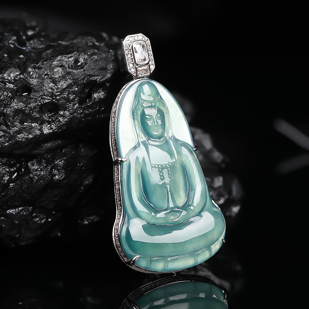er23506 天然翡翠a货蓝水豪华镶嵌素衣观音