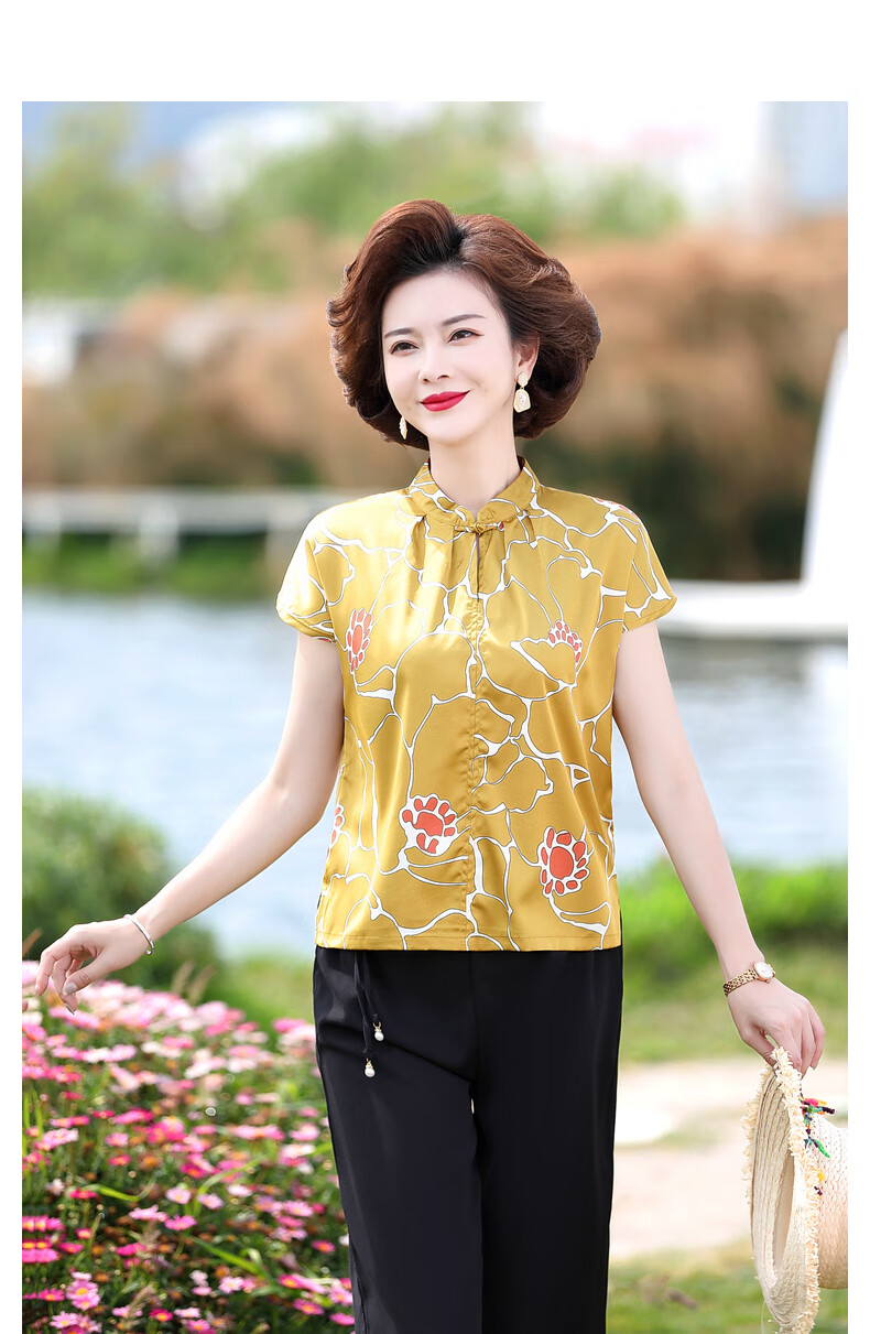 宝莲朵妈妈装夏季新款洋气短袖t恤中年女夏装唐制上衣中老年薄款小码