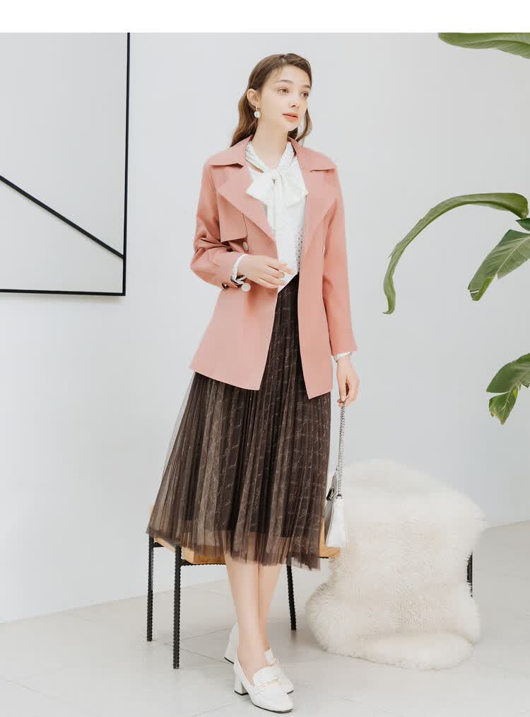 佳人苑jry 2021【春装新品】简约时尚撞色双排扣收腰显瘦风衣通勤外套