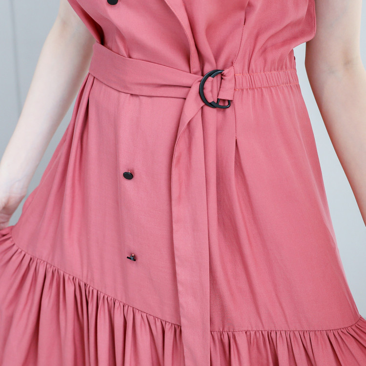 【翻领收腰简约无袖连衣裙女】21夏季新款气质休闲修身长裙女 褐粉色