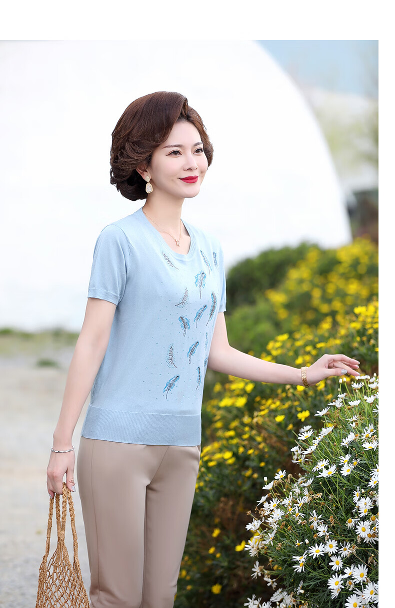 宝莲朵妈妈装新款夏装针织衫t恤中年女士气质短袖上衣中老年女装夏季