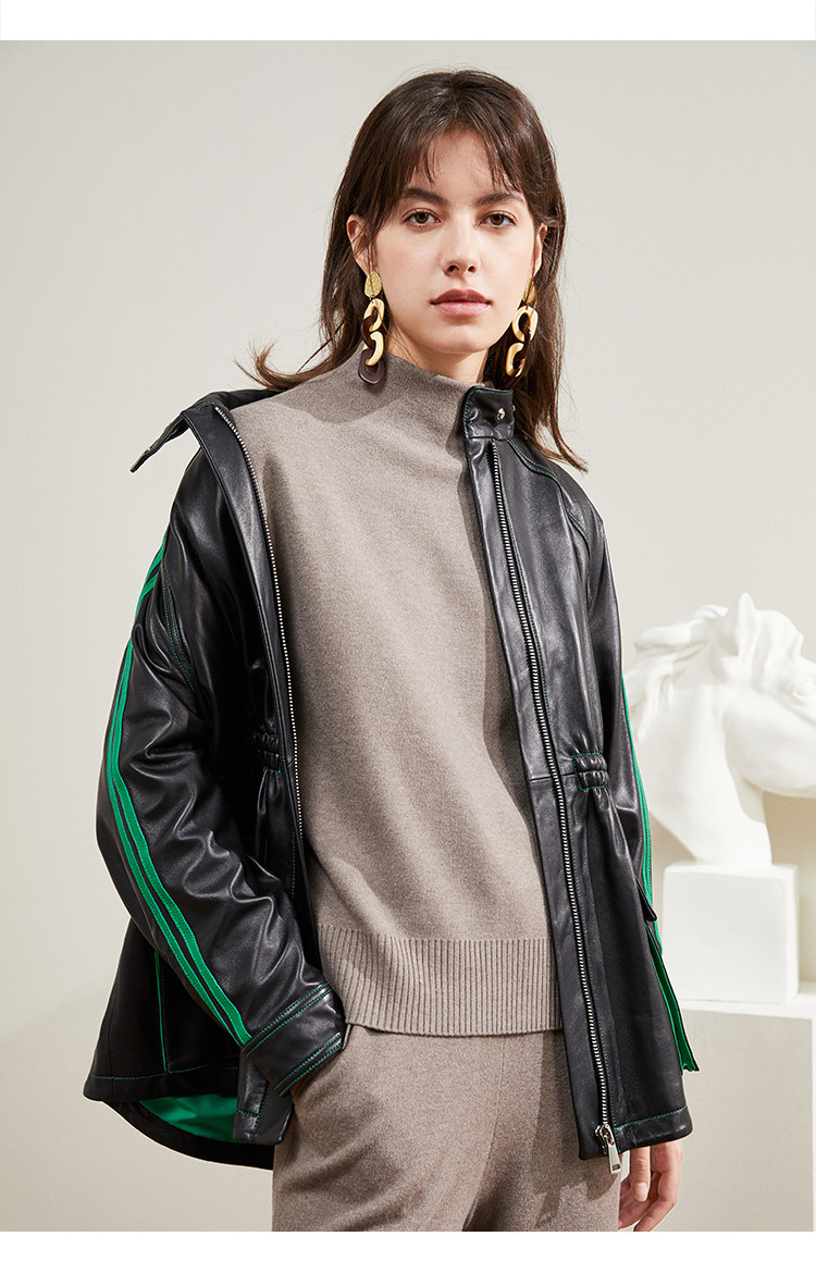 雪豹 休闲立领绵羊皮真皮皮衣女士外套 黑色 42