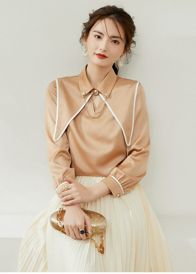 白鹿语louisy ao 【撞色燕子领衬衫】21春新款双层领链条丝滑时髦长袖