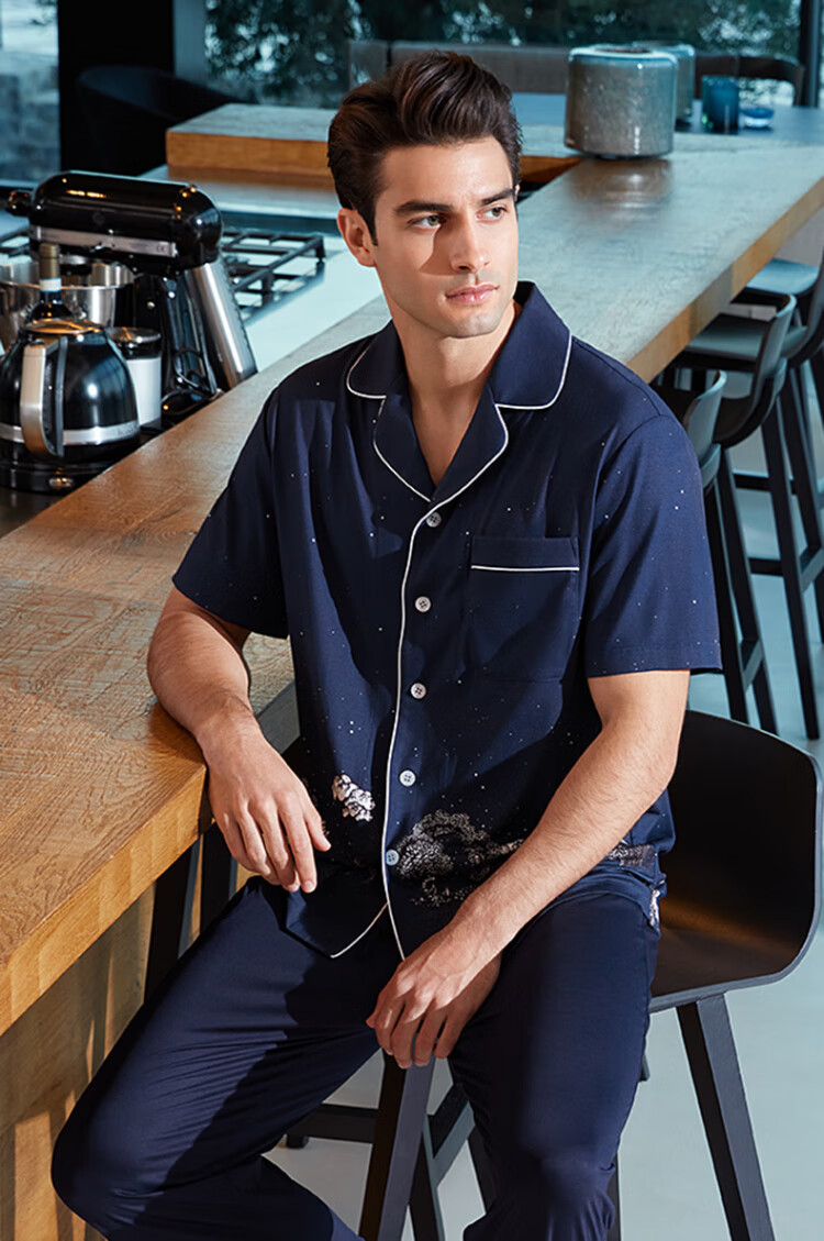 爱慕先生 21ss纵享丝滑家居上衣男士国风睡衣短袖翻领新款 ns41e322