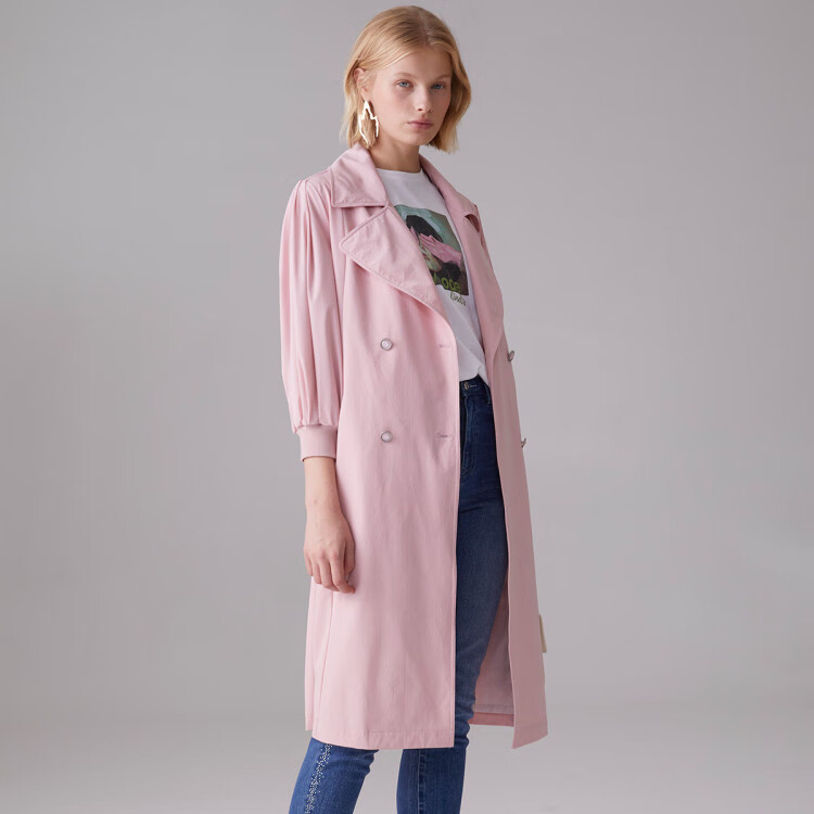 蔓诺蒂my.node 2021春新款大翻领收腰泡泡袖风衣女外套 米杏 s