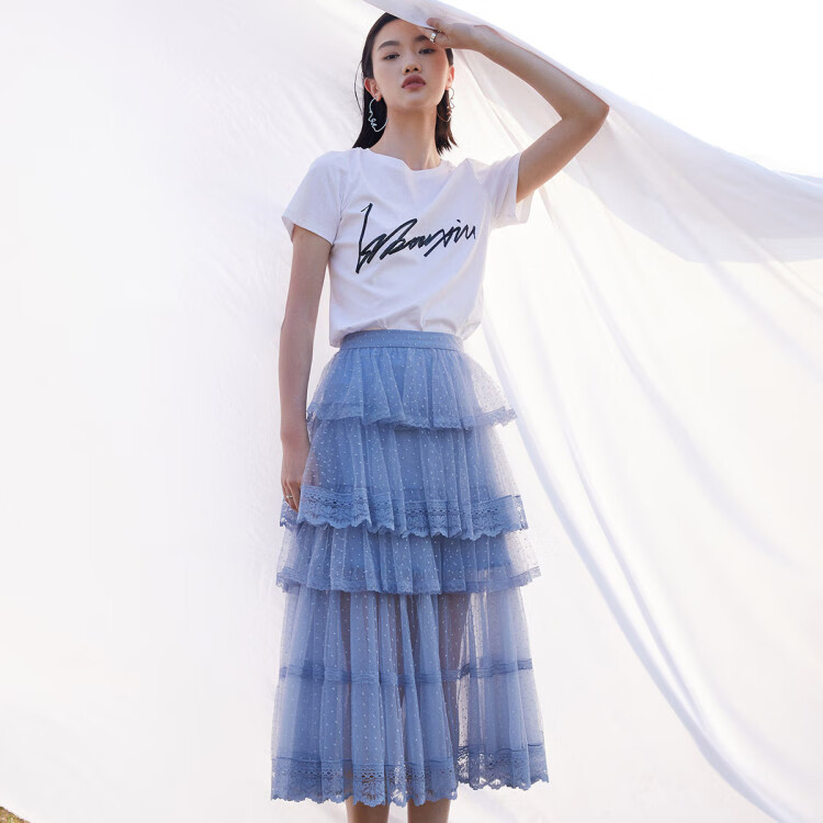 2020夏季女装新款纯色蕾丝网纱蛋糕裙收腰显瘦半身裙 蓝色 s