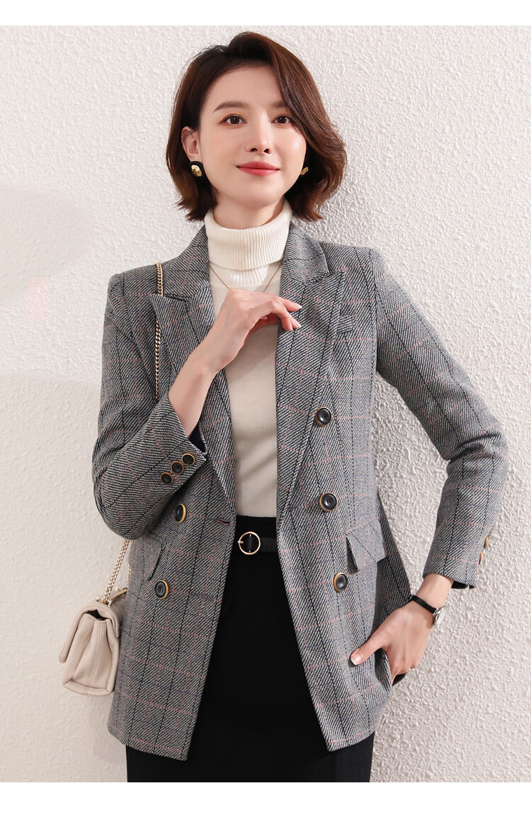 春季新款西服百搭经典翻领长袖纽扣复古格纹小西装外套女 深咖 l