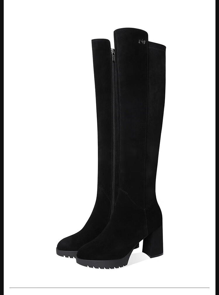 新款女靴高跟圆头粗跟长筒弹力靴女过膝靴超显瘦长筒靴子 黑色绒里