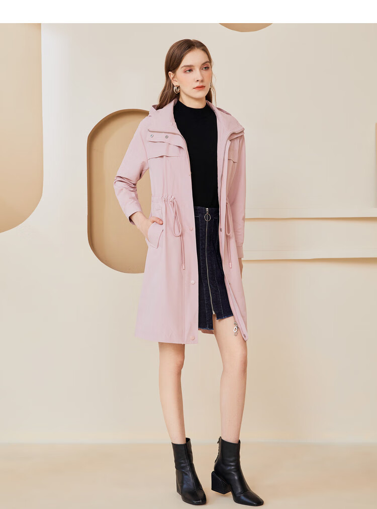 佳人苑jry 2021【春装新品】时尚纯色抽绳收腰设计连帽风衣外套女