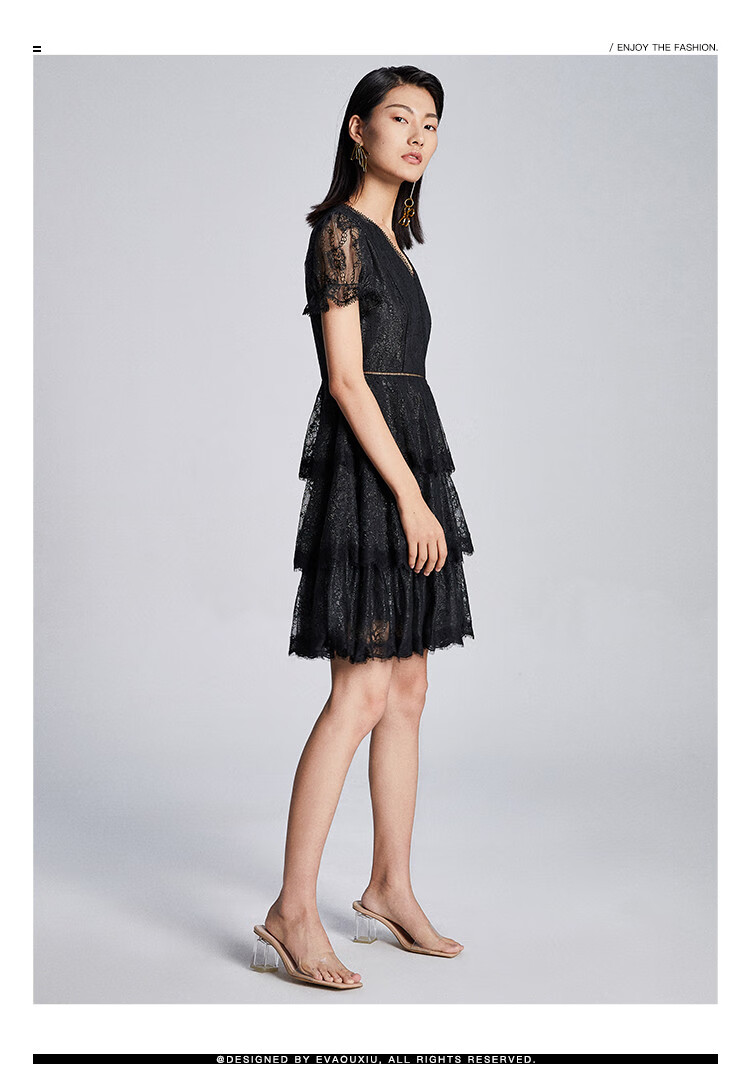 伊华欧秀evaouxiu 2020夏季女装新款v领蕾丝泡泡袖显瘦蛋糕裙连衣裙