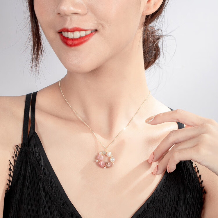 德玛纳 天然珍珠项链女清新文艺天然石头花朵锁骨链情人礼物 粉色 可