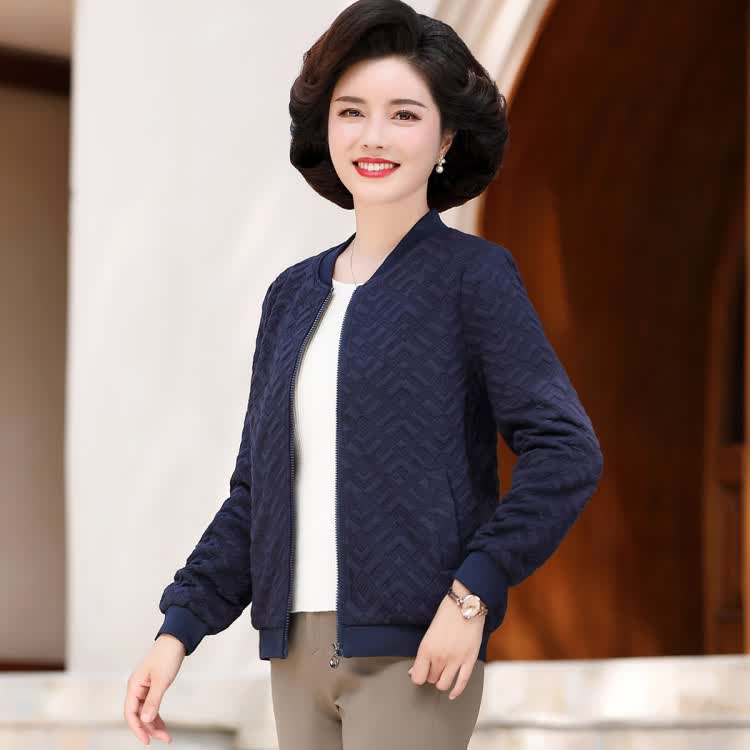 茜韵婡秋季2021中老年女装休闲棒球领夹克百搭提花妈妈装外套藏青色