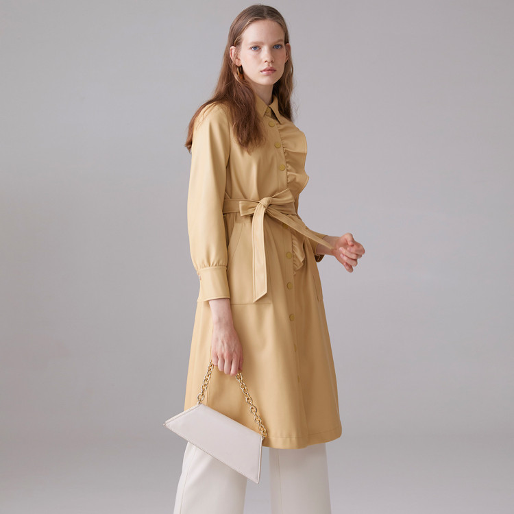 蔓诺蒂my.node 2021春新款文艺荷叶边腰带收腰中长款皮风衣 迷雾蓝 l