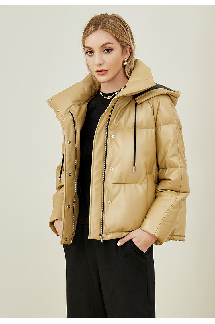 雪豹 连帽立领绵羊皮真皮羽绒服女真皮皮衣 黄色 38