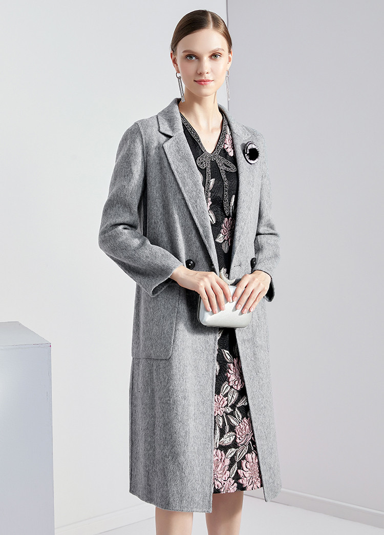 马天奴myteno 优雅过膝中长款灰色纯色长袖双面羊毛呢大衣女装外套