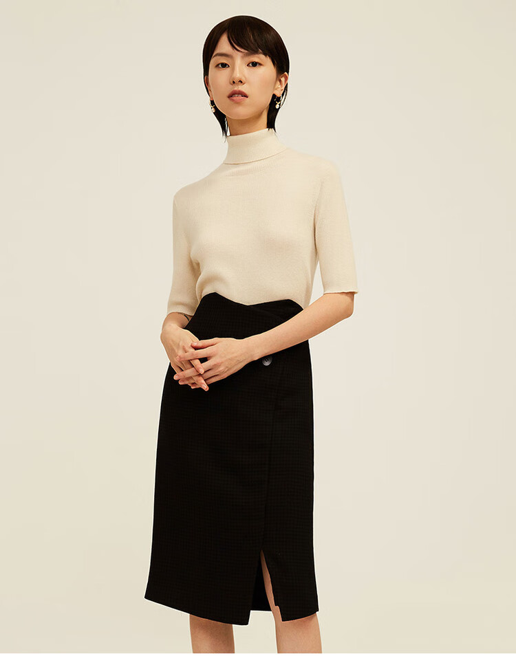 纳薇naivee 2020冬季新款简约通勤不规则高腰开叉包臀直身裙女 黑色 m