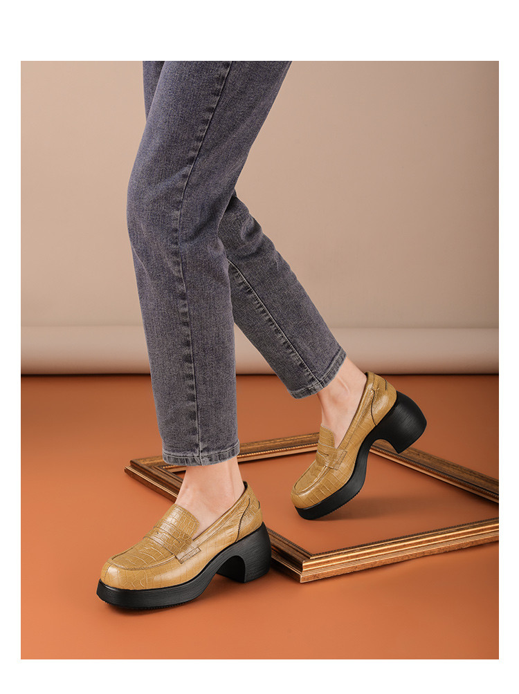 bosssunwen 粗跟高跟鞋2021春季新款女鞋单鞋深口圆头休闲百搭真皮