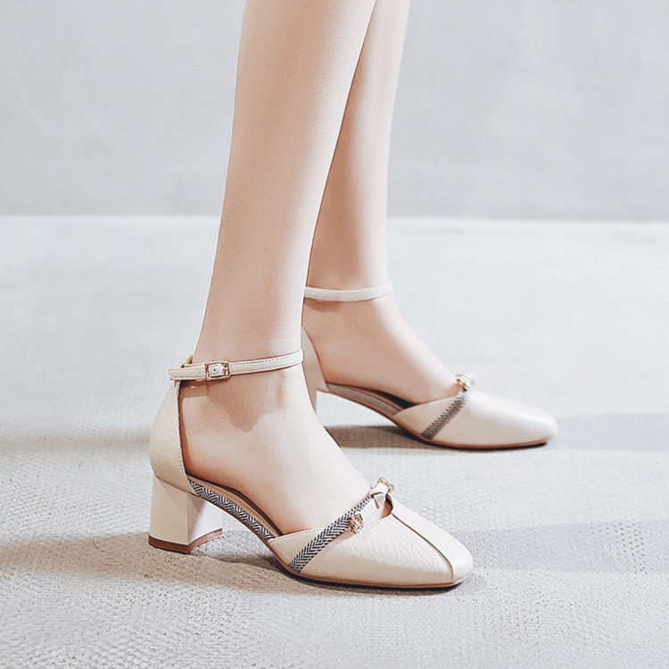 卓诗尼josiny 日常休闲春季新款女士单鞋时装鞋粗跟蝴蝶结一字扣高跟