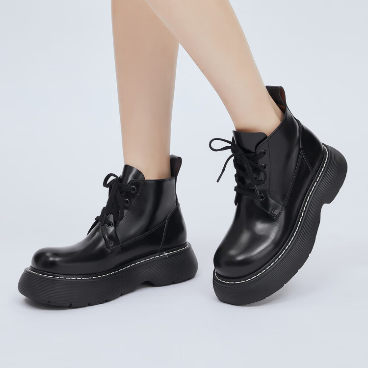 哥弟girdear 女鞋大头厚底绑带中帮英伦风大头德比鞋女单鞋 黑黄 35