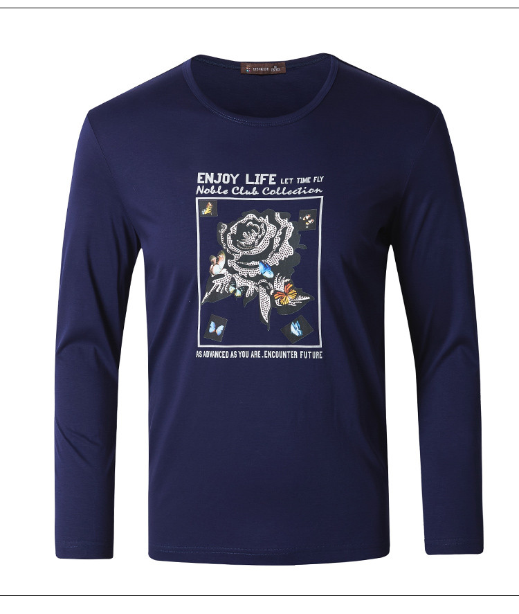 莱恩雷迪lienridy 新品丝光棉烫钻圆领舒适男式长袖t恤 深蓝色 50