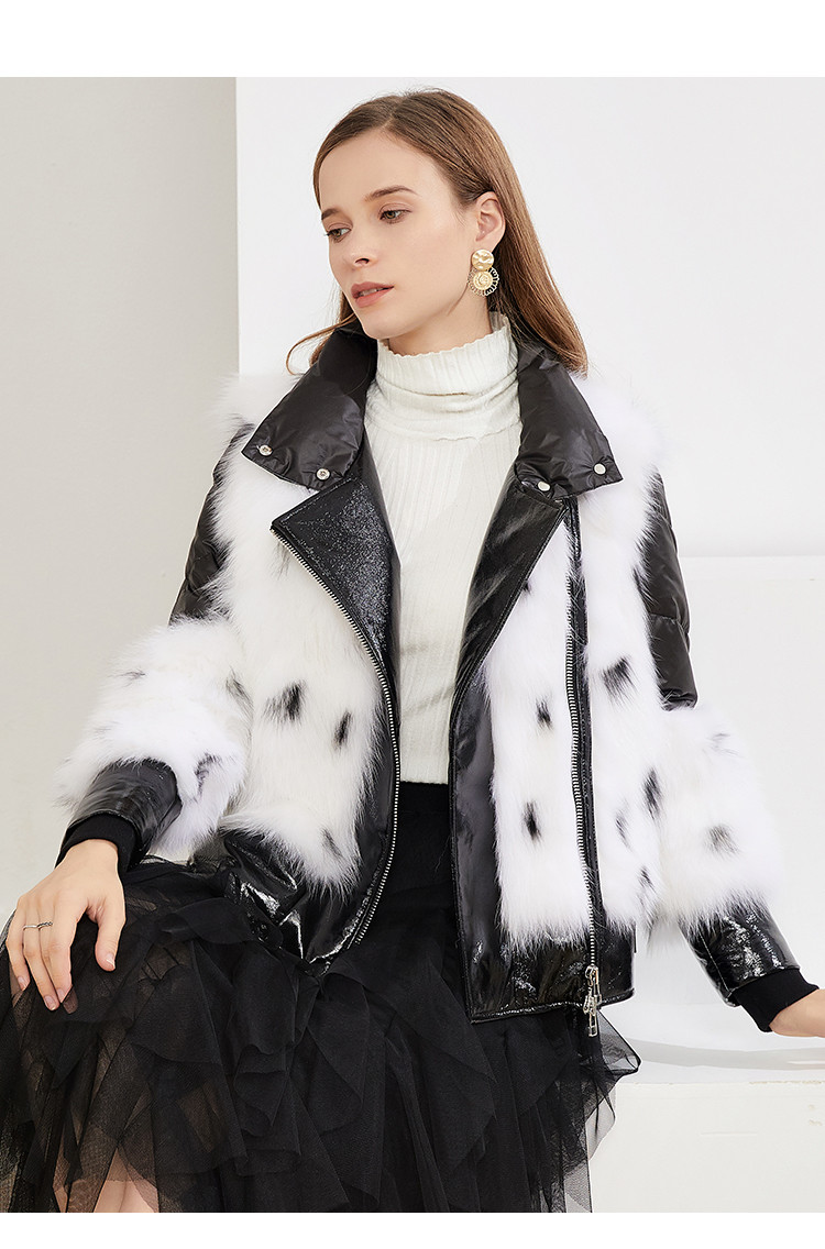 雪豹 大气狐狸毛皮草大衣外套 白色 黑色 38