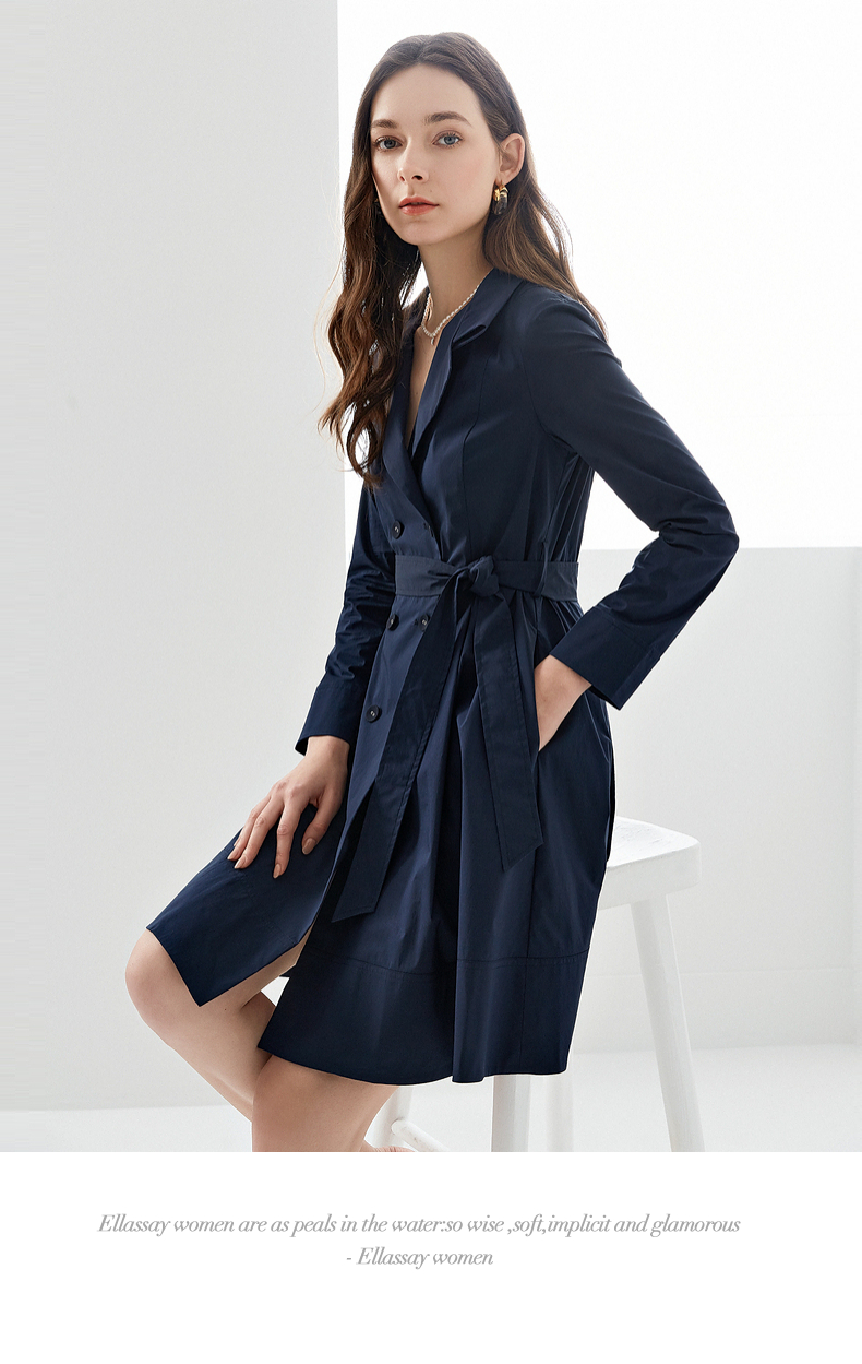 ellassay歌力思2021春季新款时尚优雅气质系带双排扣风衣女藏蓝色xs